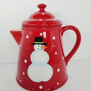 Red Christmas Snowman Teapot Ceramic